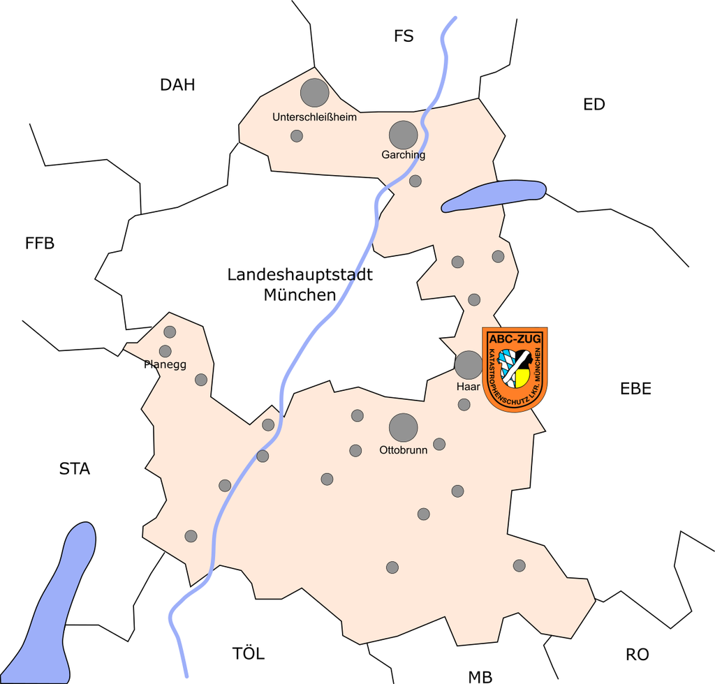 Verinfachte Karte des Landkreis München. Der Standort des ABC-Zugs in Haar ist hervogehoben.