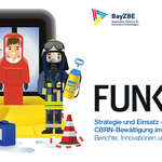 Symbolbild der Fachtagung FUNKE 2025: Comicartige Darstellung von Einsatzkräften in Chemieschutzkleidung, dazu der Titel Fachtagung Funke: Strategie und Einsatz - CBRN-Bewältigung im Rundumblick